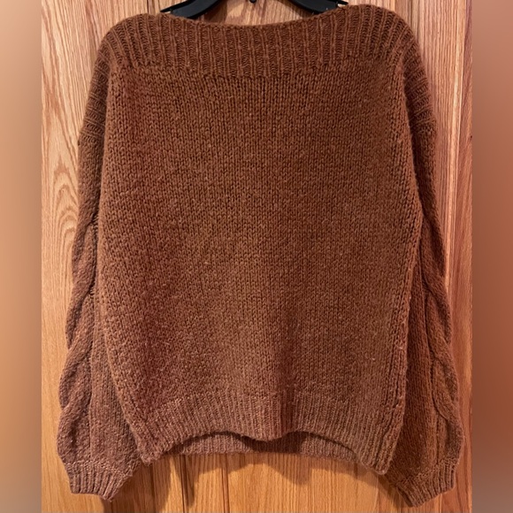 Madewell Cable-Sleeve Boatneck Boxy Cropped Wool Sweater in Saddle Brown Size XS - Picture 9 of 11